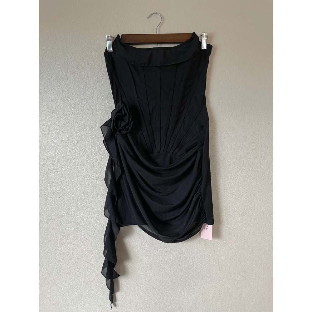 Micas Black Mesh Corset Style Bodycon Mini Dress Rosette NWT Small